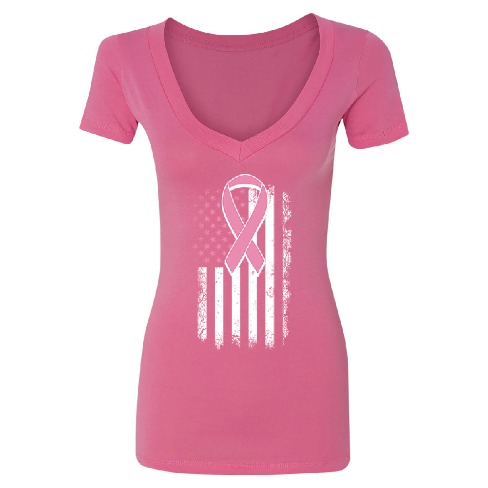 Pink Vintage American Flag Women's Deep V-neck Breast Cancer Awareness Tee 