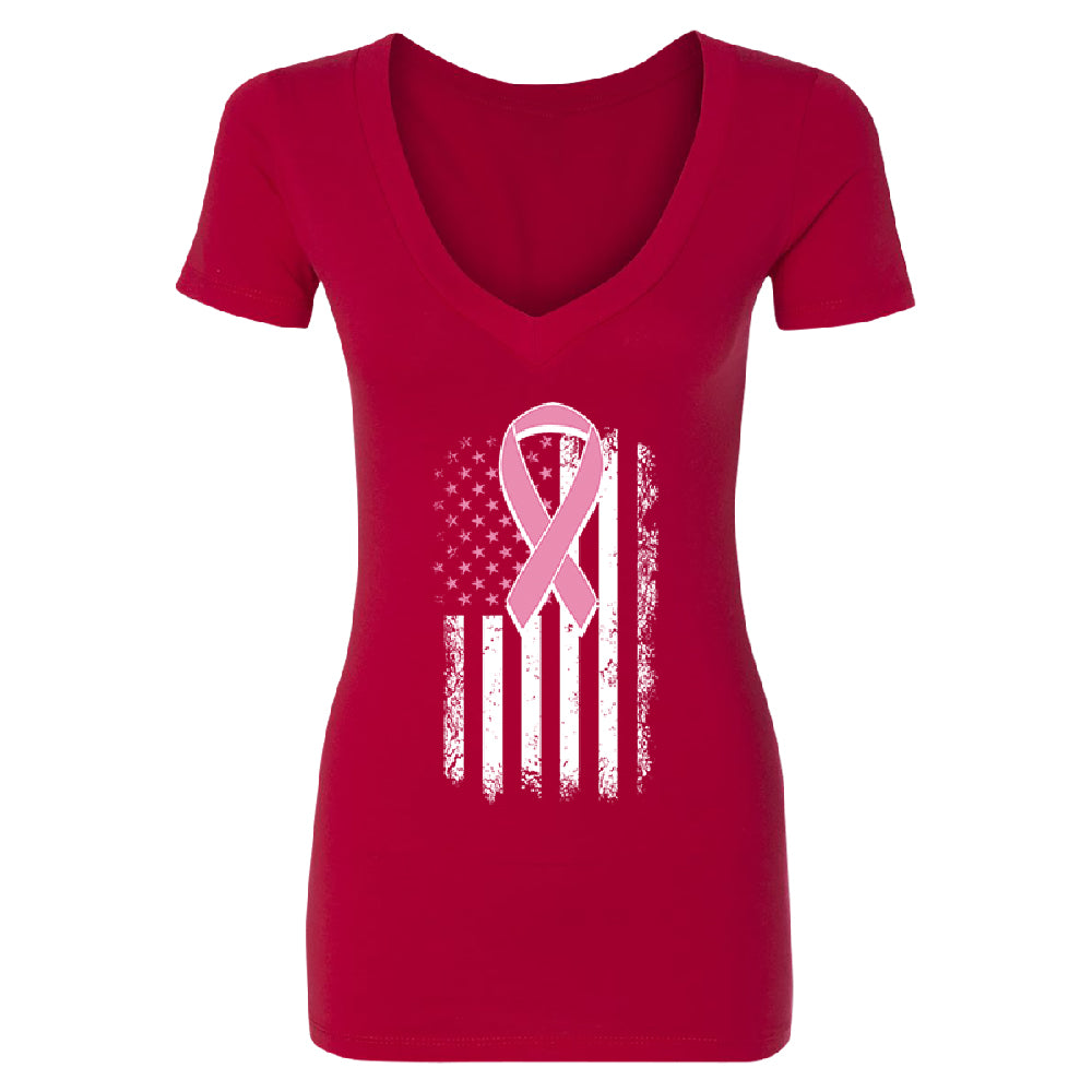 Pink Vintage American Flag Women's Deep V-neck Breast Cancer Awareness Tee 