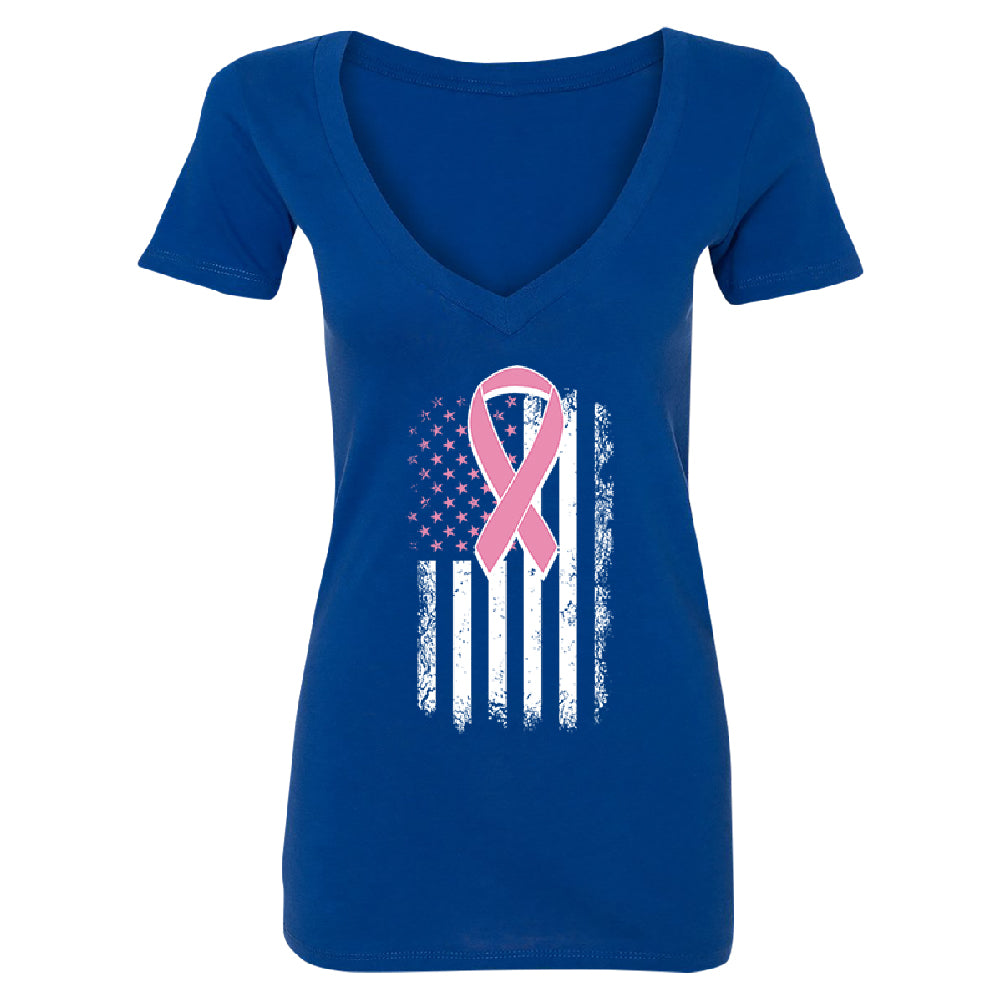 Pink Vintage American Flag Women's Deep V-neck Breast Cancer Awareness Tee 