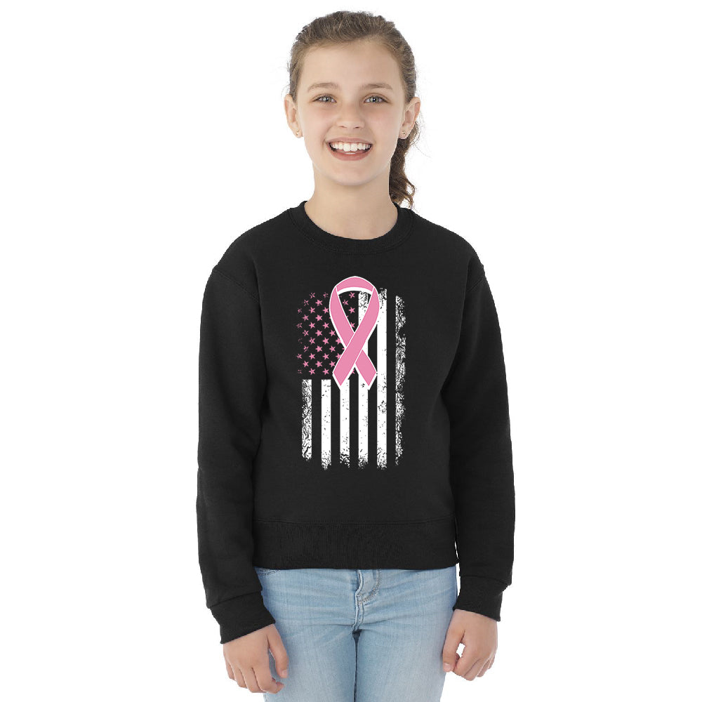 Pink Vintage American Flag Youth Crewneck Breast Cancer Awareness SweatShirt 