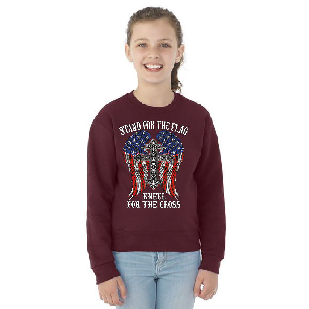 Stand For The Flag Kneel For The Cross Youth Crewneck American Flag SweatShirt 
