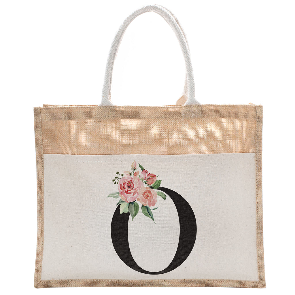 Daily Use Canvas Tote Bag With Floral Initial For Beach Workout Yoga Vacation Gym | Luxury Totes Gift for Christmas Events and Parties