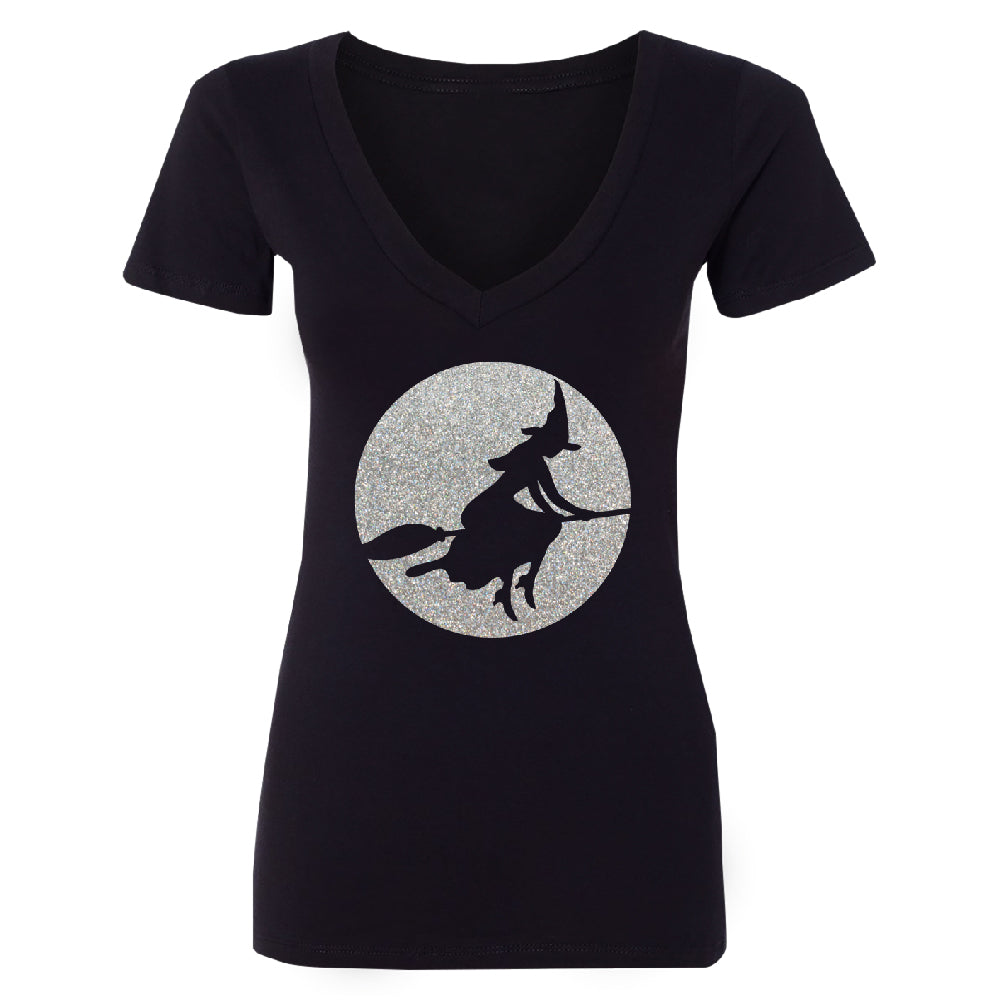 Full Moon Witch Sillouette Women's Deep V-neck Halloween Costume Tee 