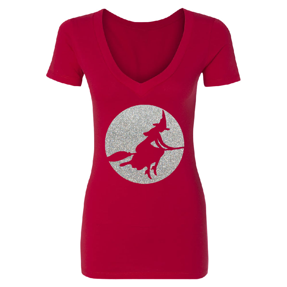 Full Moon Witch Sillouette Women's Deep V-neck Halloween Costume Tee 