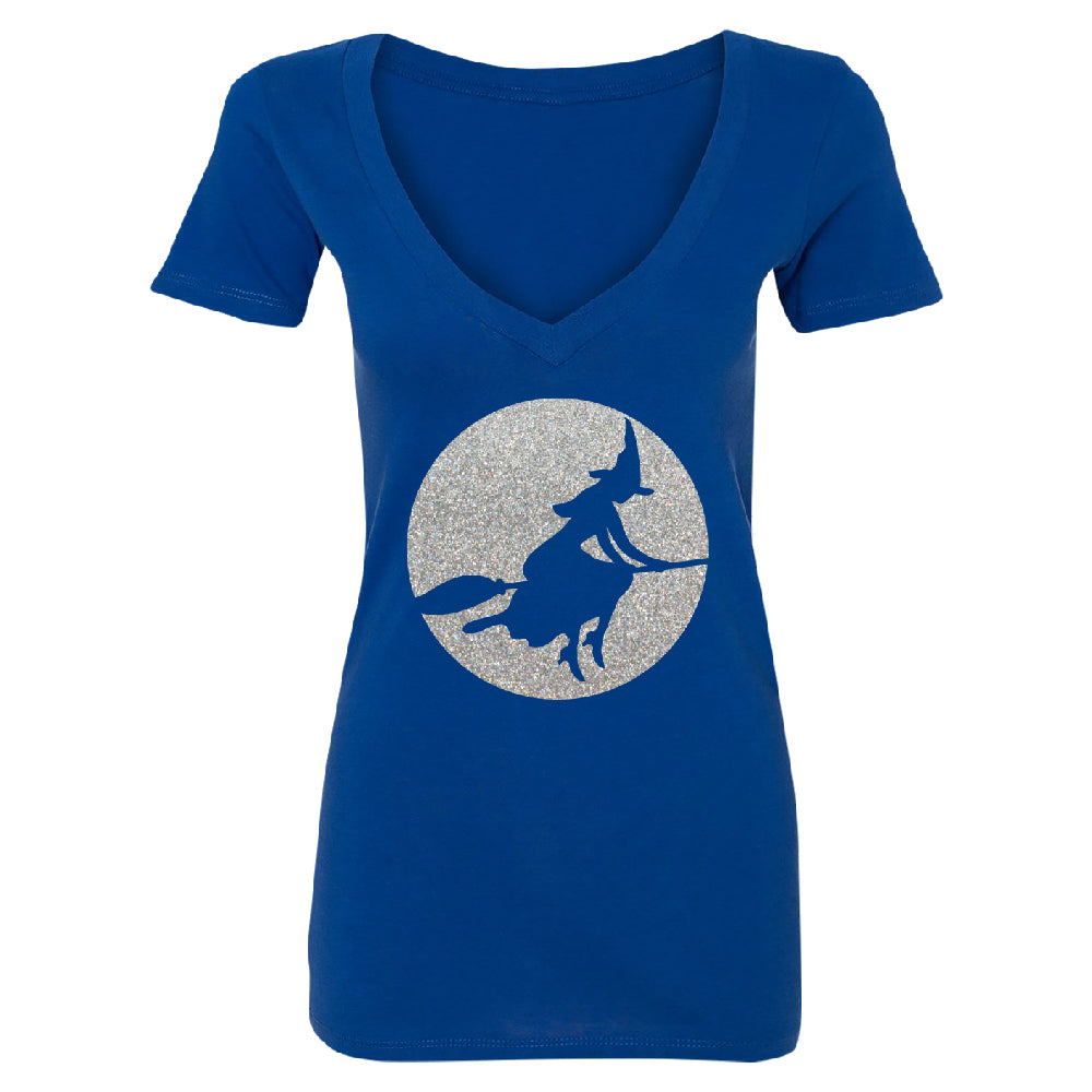 Full Moon Witch Sillouette Women's Deep V-neck Halloween Costume Tee 