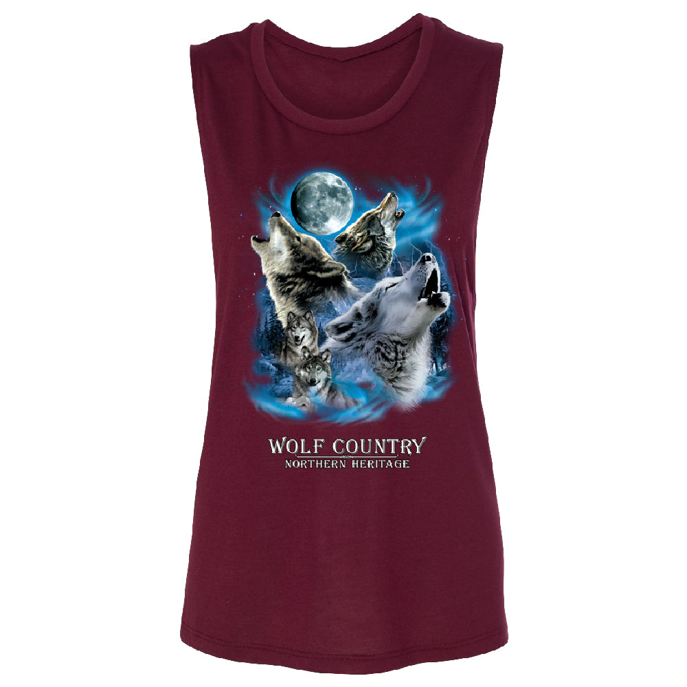 Wolves Howling Full Moon Women's Muscle Tank Country Northern Heritage Tee 