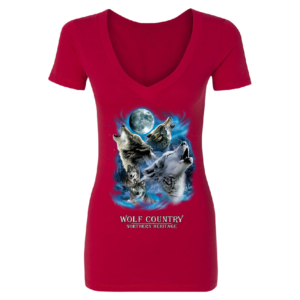 Wolves Howling Full Moon Women's Deep V-neck Country Northern Heritage Tee 