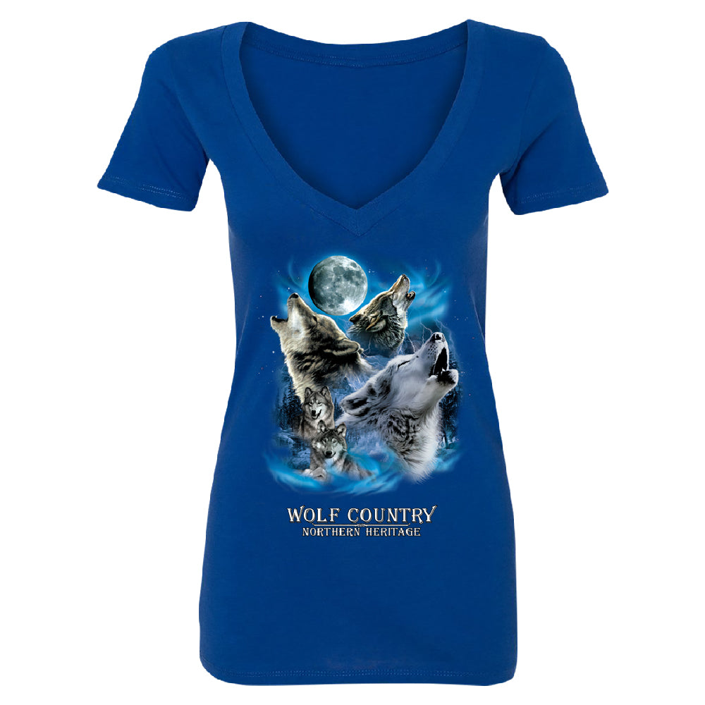 Wolves Howling Full Moon Women's Deep V-neck Country Northern Heritage Tee 