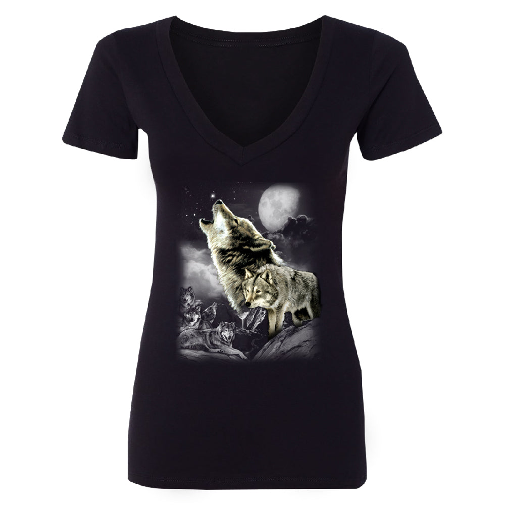 Wolves Wildness Howling Full Moon Women's Deep V-neck Wolf the Mountain Tee 