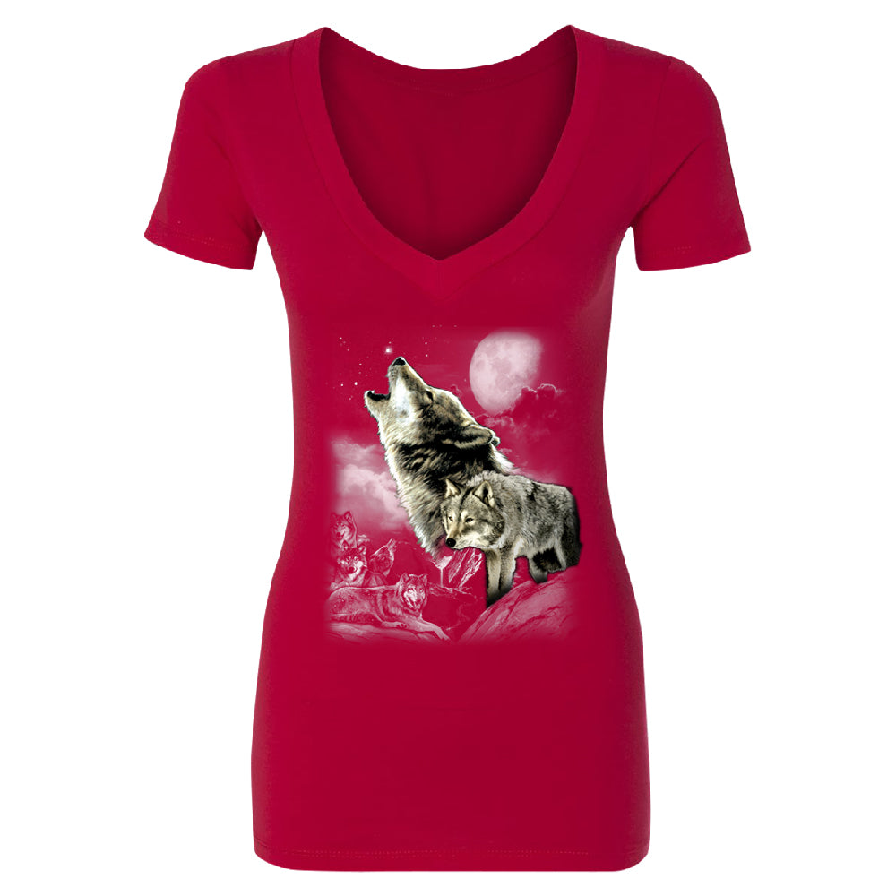 Wolves Wildness Howling Full Moon Women's Deep V-neck Wolf the Mountain Tee 
