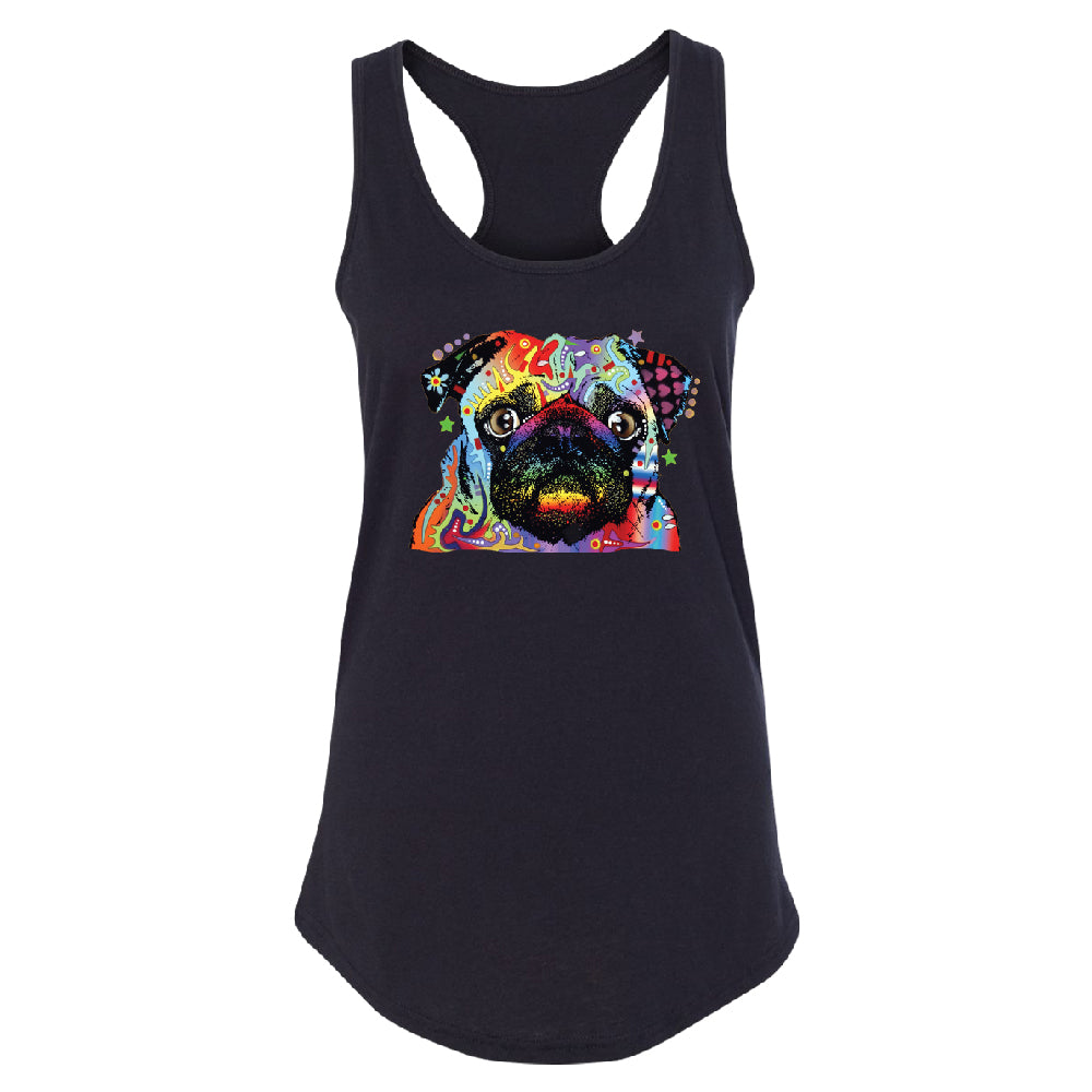 Official Dean Russo Colorful Pug Women's Racerback Neon Cute Dog Shirt 