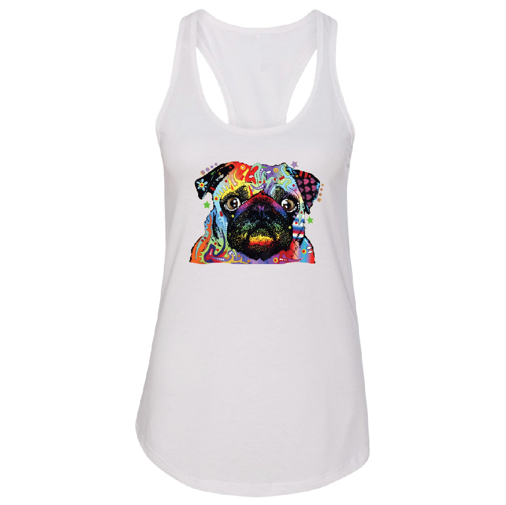 Official Dean Russo Colorful Pug Women's Racerback Neon Cute Dog Shirt 