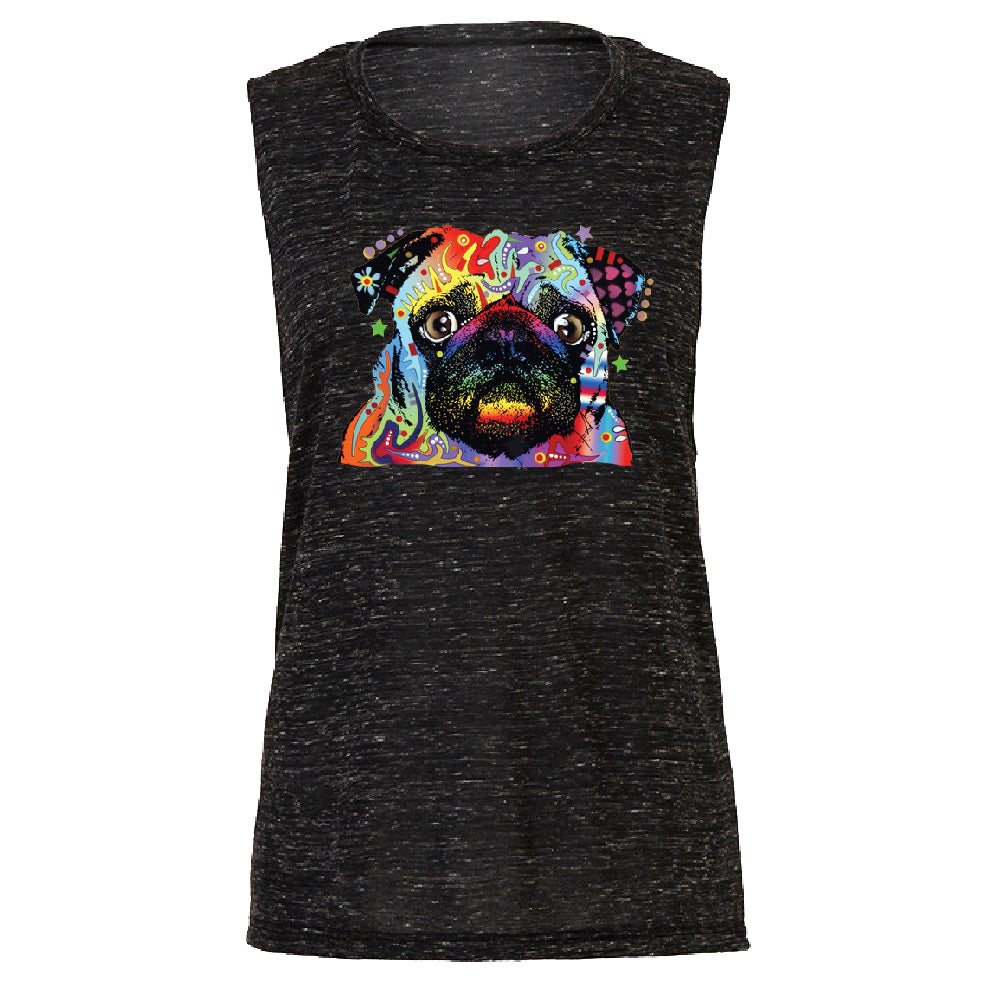 Official Dean Russo Colorful Pug Women's Muscle Tank Neon Cute Dog Tee 