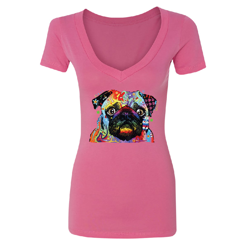 Official Dean Russo Colorful Pug Women's Deep V-neck Neon Cute Dog Tee 