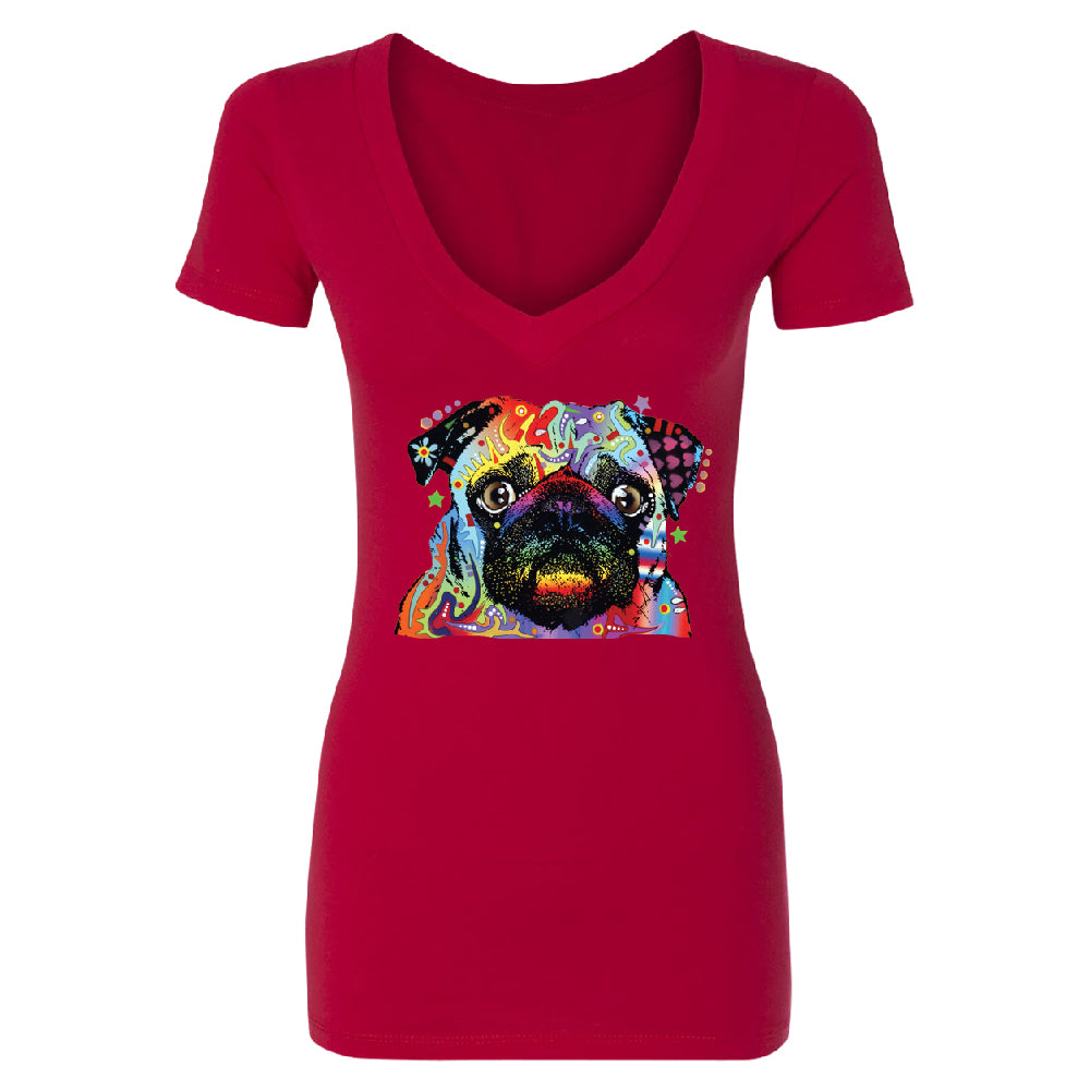 Official Dean Russo Colorful Pug Women's Deep V-neck Neon Cute Dog Tee 