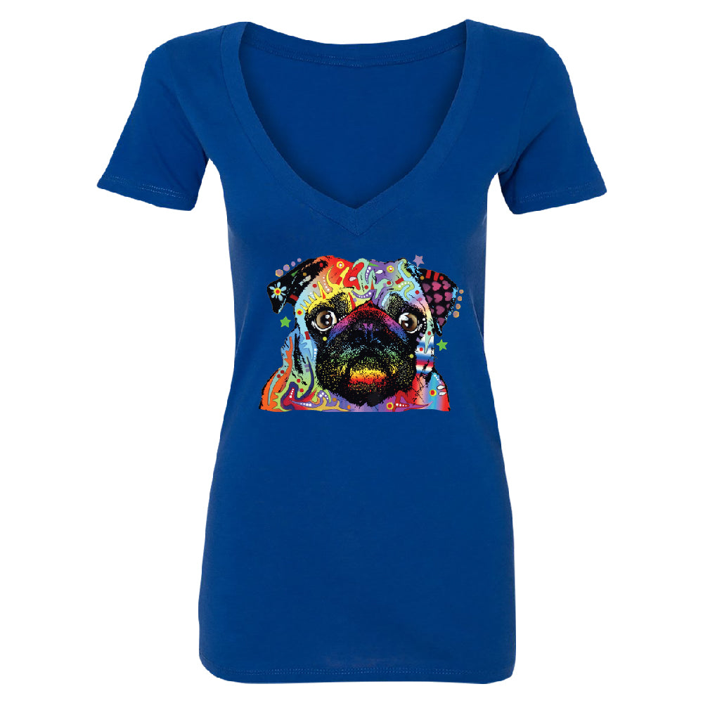 Official Dean Russo Colorful Pug Women's Deep V-neck Neon Cute Dog Tee 
