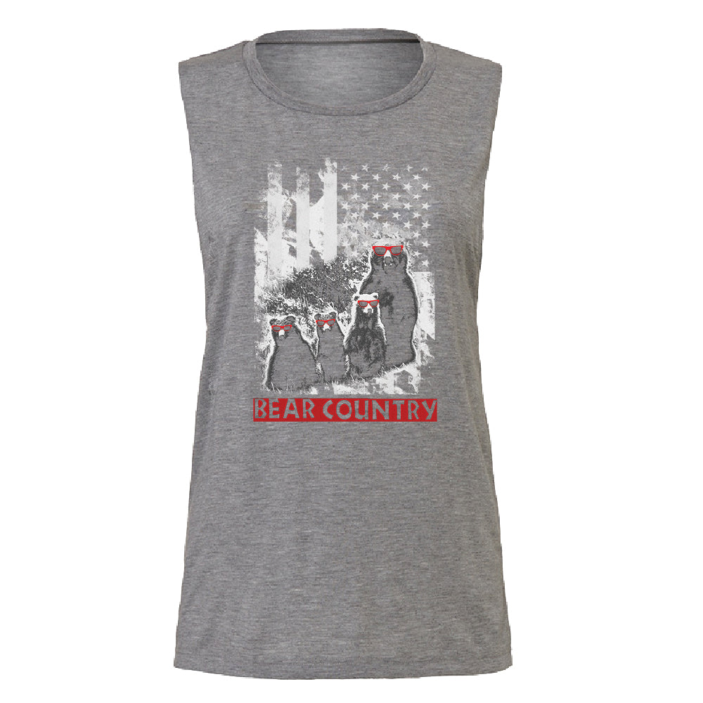 American Flag Bear Freedom Country Women's Muscle Tank 4th of July Tee 