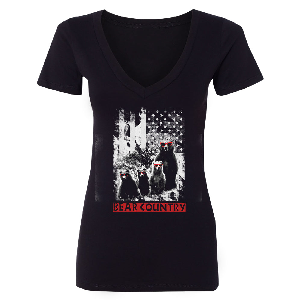 American Flag Bear Freedom Country Women's Deep V-neck 4th of July Tee 