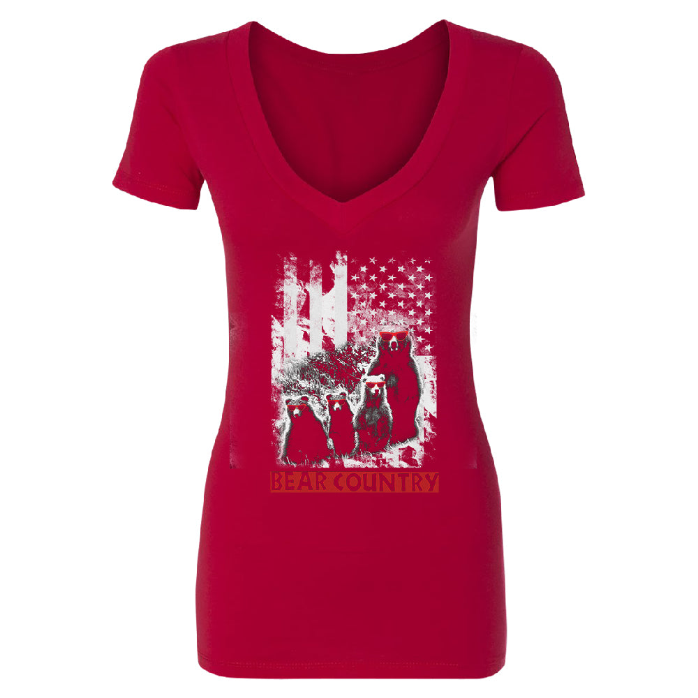 American Flag Bear Freedom Country Women's Deep V-neck 4th of July Tee 