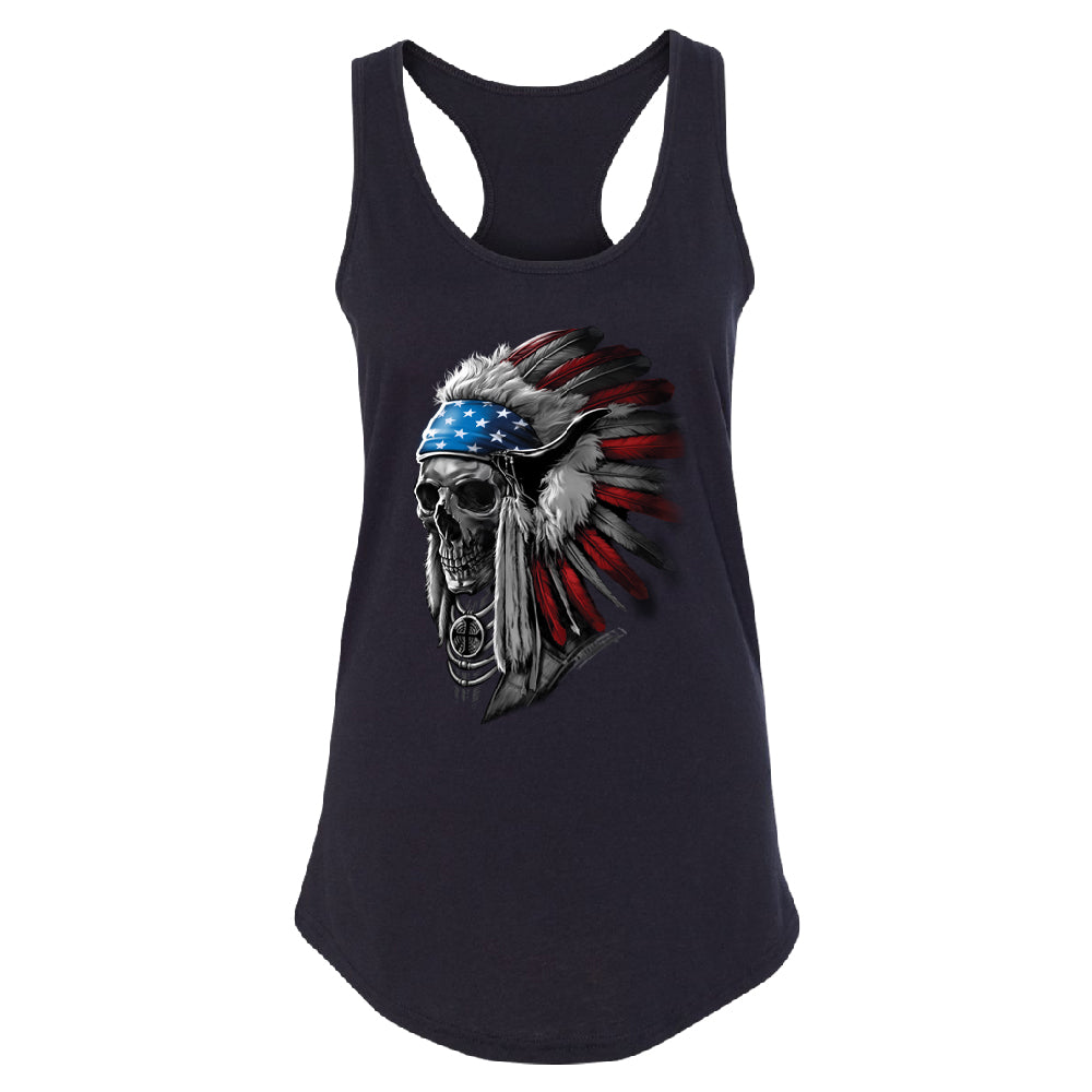 Patriotic Headdress Chief Skull Women's Racerback 4th of July USA Flag Shirt 