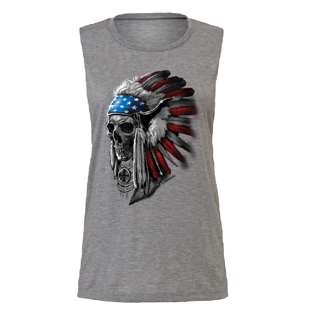 Patriotic Headdress Chief Skull Women's Muscle Tank 4th of July USA Flag Tee 