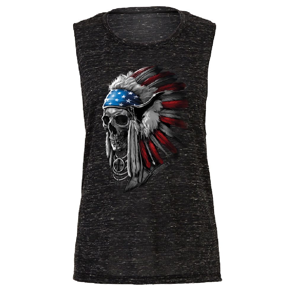 Patriotic Headdress Chief Skull Women's Muscle Tank 4th of July USA Flag Tee 