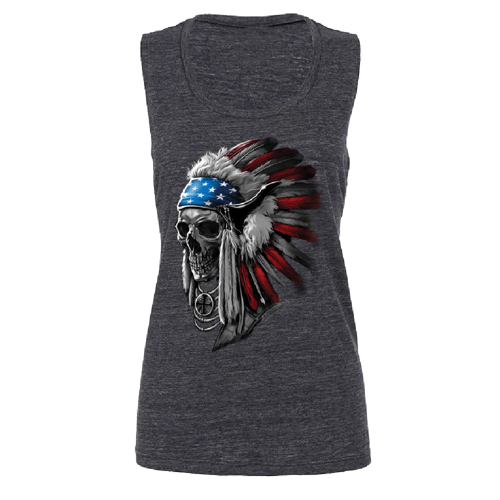 Patriotic Headdress Chief Skull Women's Muscle Tank 4th of July USA Flag Tee 