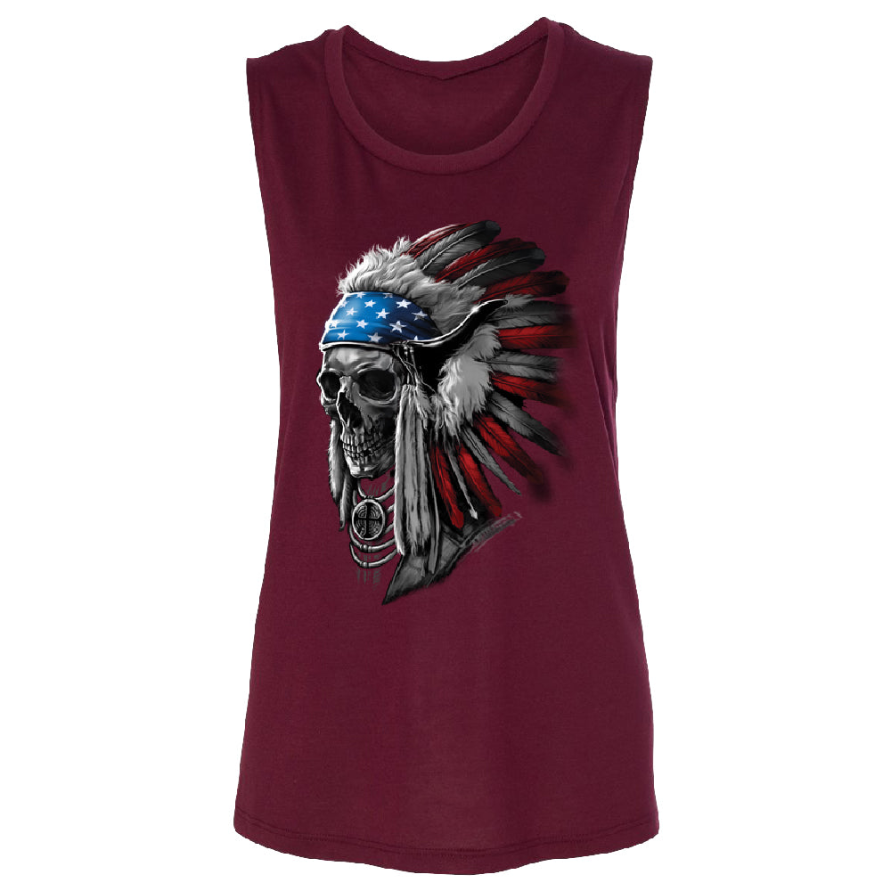 Patriotic Headdress Chief Skull Women's Muscle Tank 4th of July USA Flag Tee 