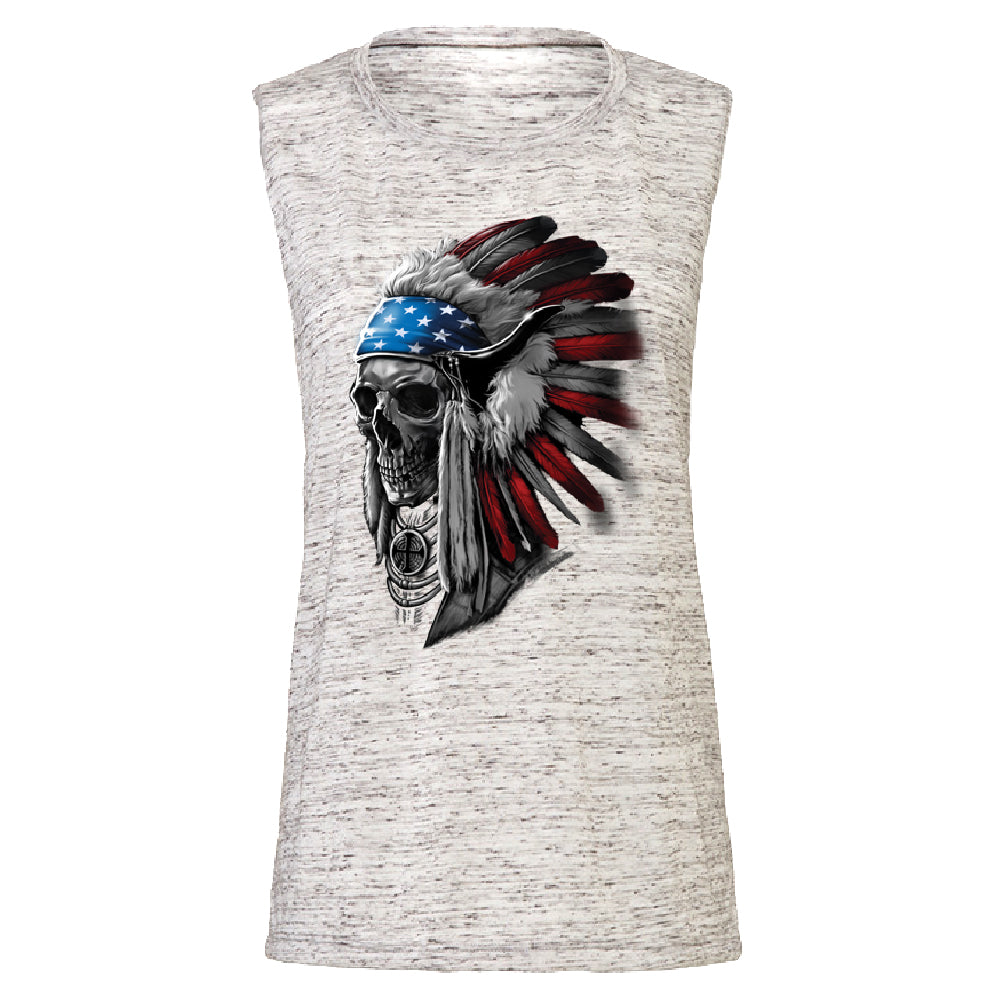 Patriotic Headdress Chief Skull Women's Muscle Tank 4th of July USA Flag Tee 