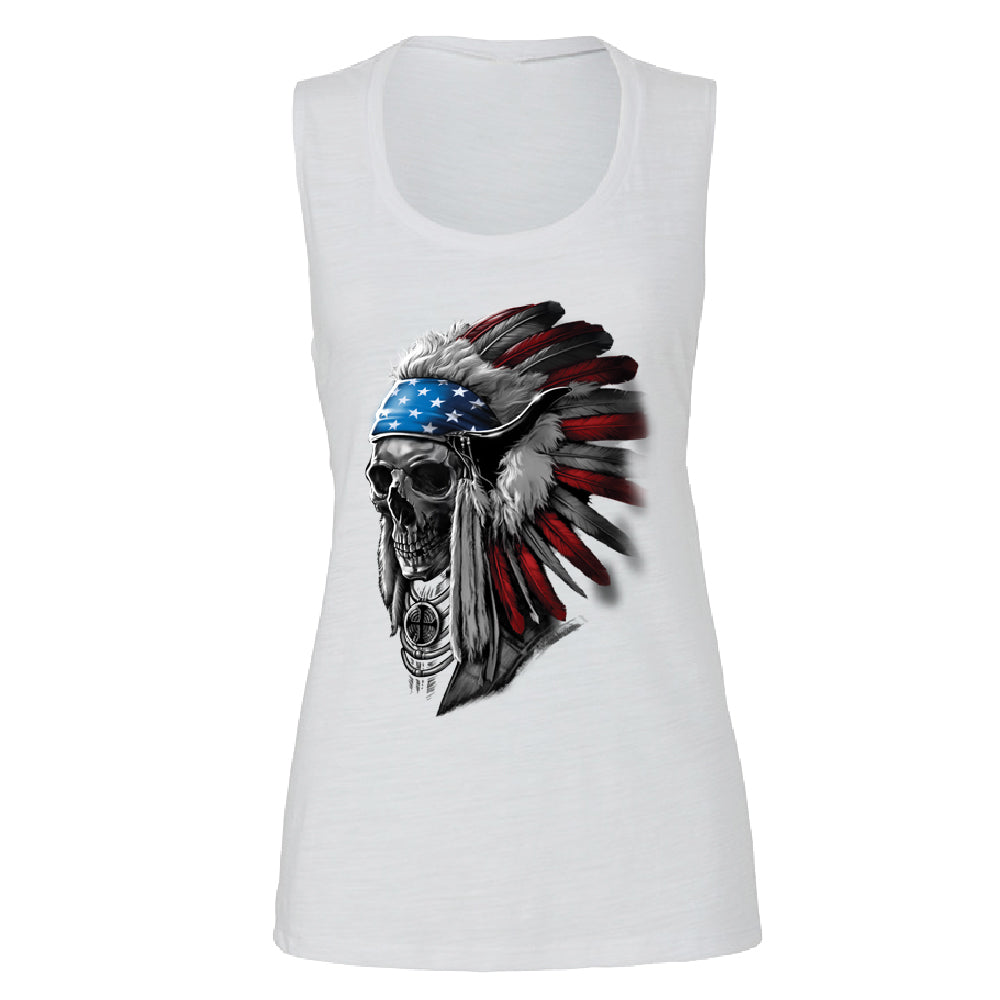 Patriotic Headdress Chief Skull Women's Muscle Tank 4th of July USA Flag Tee 