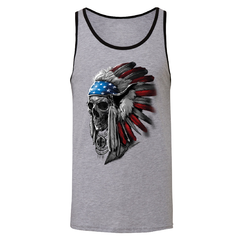 Patriotic Headdress Chief Skull Men's Tank Top 4th of July USA Flag Shirt 