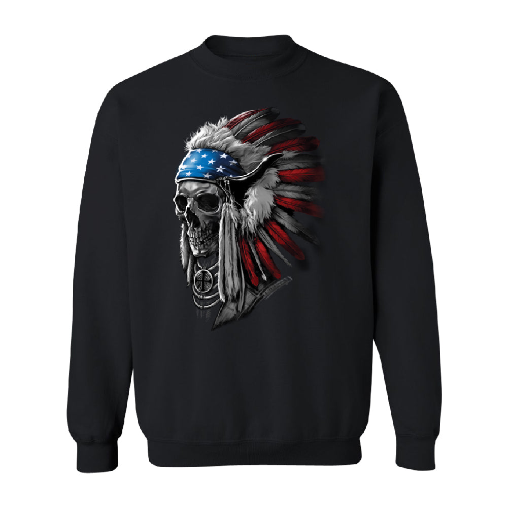Patriotic Headdress Chief Skull Unisex Crewneck 4th of July USA Flag Sweater 