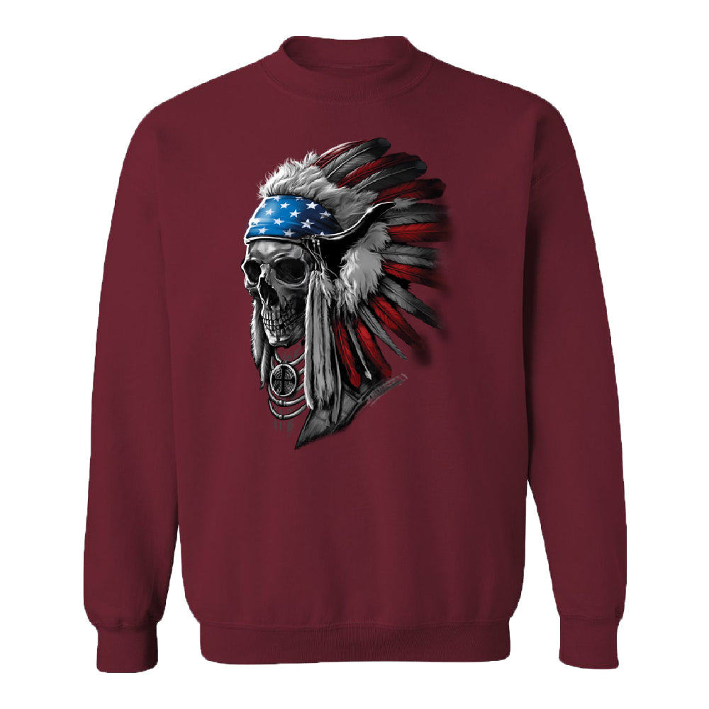 Patriotic Headdress Chief Skull Unisex Crewneck 4th of July USA Flag Sweater 