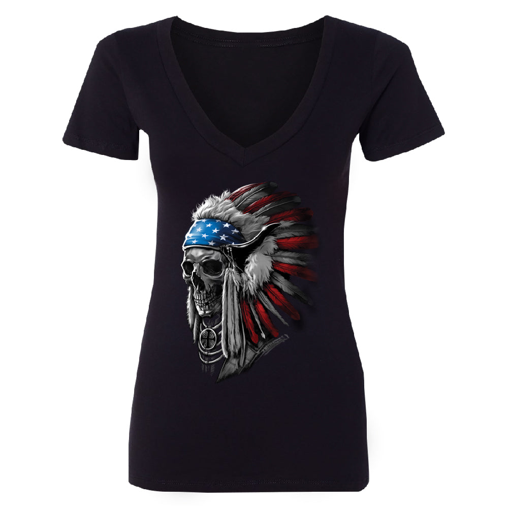 Patriotic Headdress Chief Skull Women's Deep V-neck 4th of July USA Flag Tee 