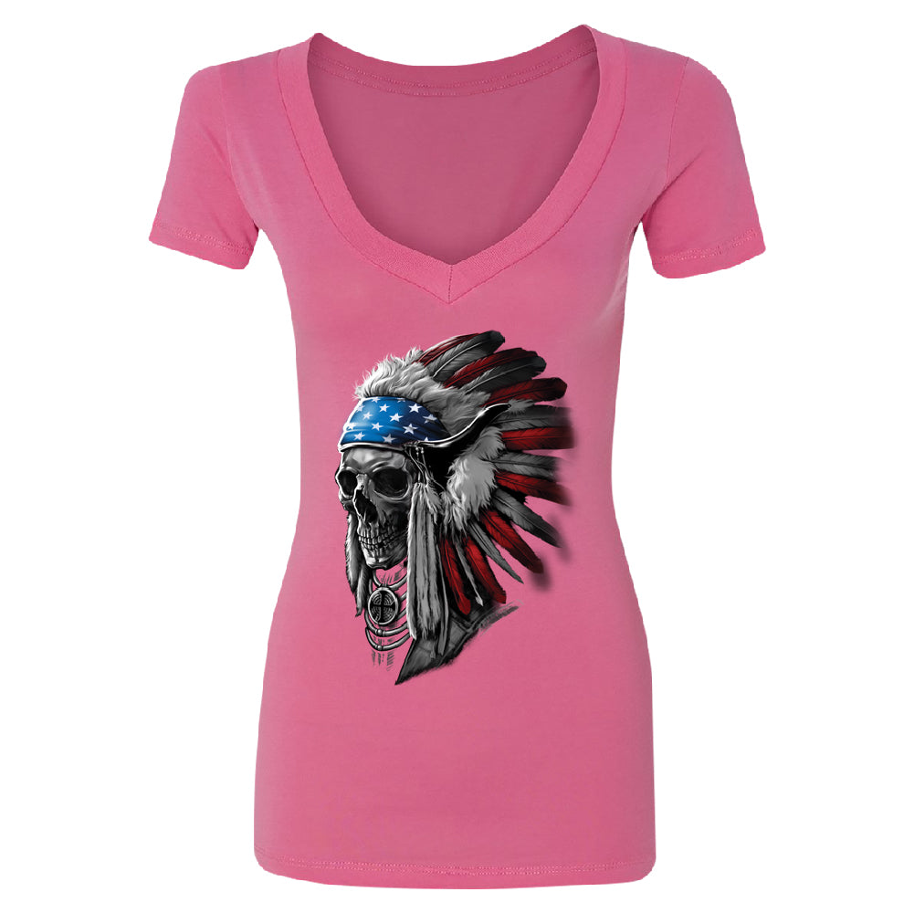 Patriotic Headdress Chief Skull Women's Deep V-neck 4th of July USA Flag Tee 