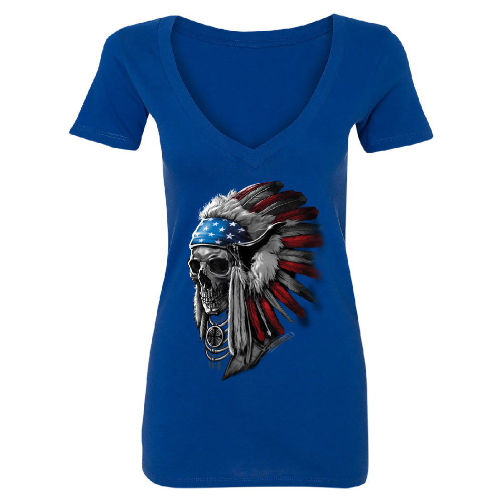 Patriotic Headdress Chief Skull Women's Deep V-neck 4th of July USA Flag Tee 