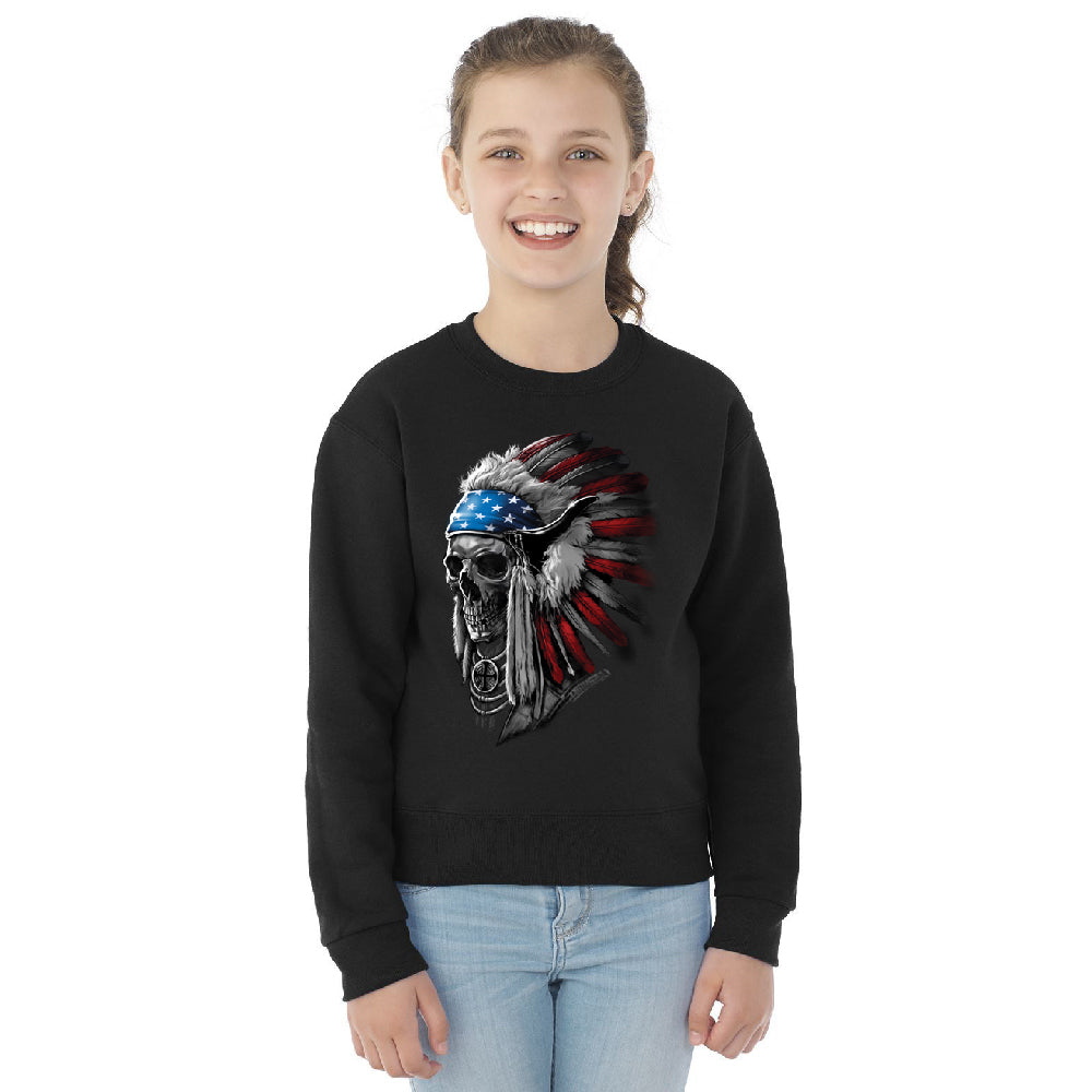 Patriotic Headdress Chief Skull Youth Crewneck 4th of July USA Flag SweatShirt 