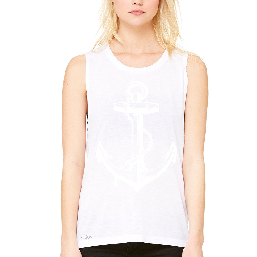 Anchor White Women's Muscle Tee Nautical Anchor Marine Fashion Tanks - Zexpa Apparel Halloween Christmas Shirts