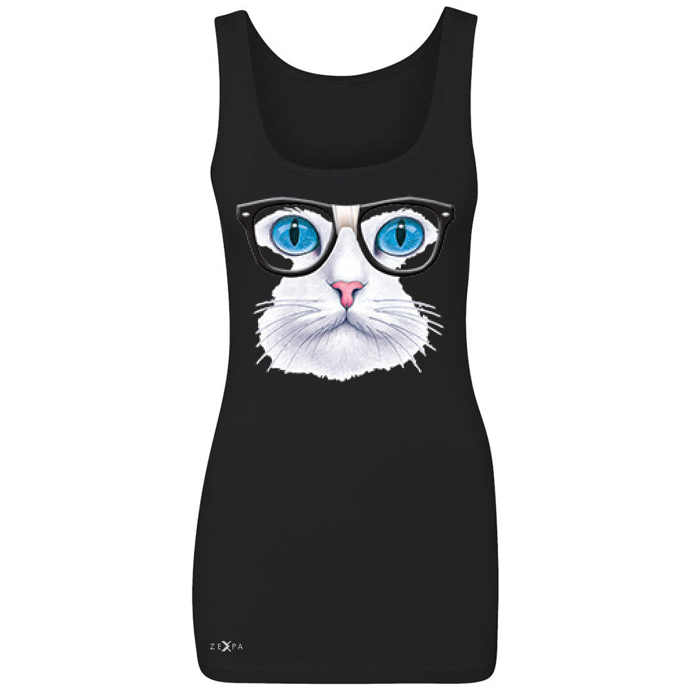 CAT WITH NERD GLASSES Women's Tank Top Kitty Kitten Horn Rim Sleeveless - Zexpa Apparel - 1