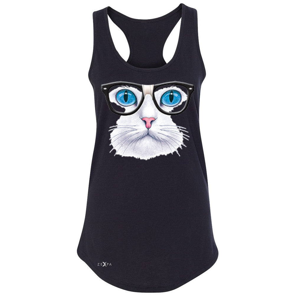 CAT WITH NERD GLASSES Women's Racerback Kitty Kitten Horn Rim Sleeveless - Zexpa Apparel - 1