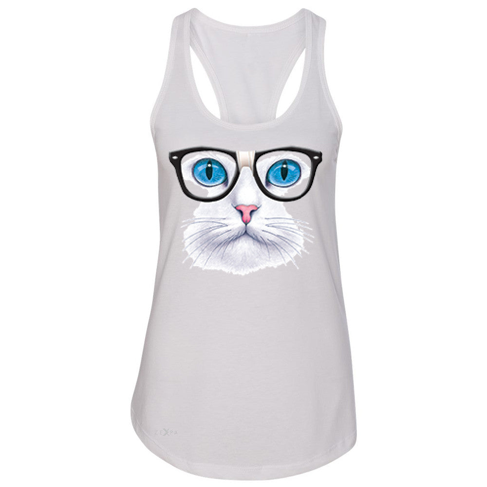 CAT WITH NERD GLASSES Women's Racerback Kitty Kitten Horn Rim Sleeveless - Zexpa Apparel - 2