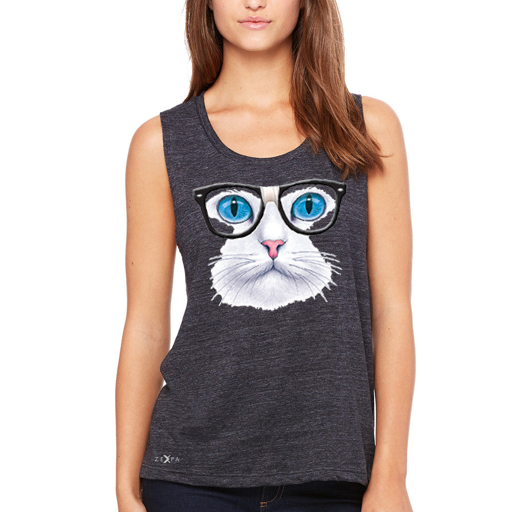 CAT WITH NERD GLASSES Women's Muscle Tee Kitty Kitten Horn Rim Tanks - Zexpa Apparel - 1