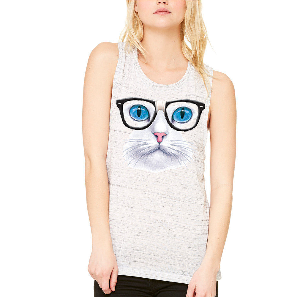 CAT WITH NERD GLASSES Women's Muscle Tee Kitty Kitten Horn Rim Tanks - Zexpa Apparel - 2