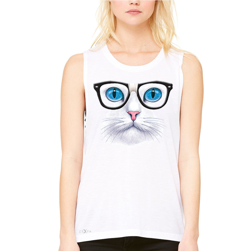 CAT WITH NERD GLASSES Women's Muscle Tee Kitty Kitten Horn Rim Tanks - Zexpa Apparel - 3
