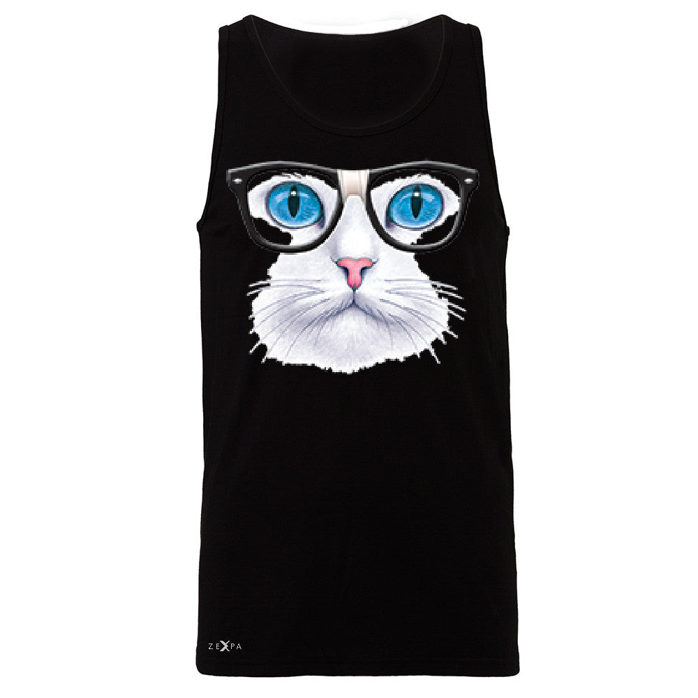 CAT WITH NERD GLASSES Men's Jersey Tank Kitty Kitten Horn Rim Sleeveless - Zexpa Apparel - 1