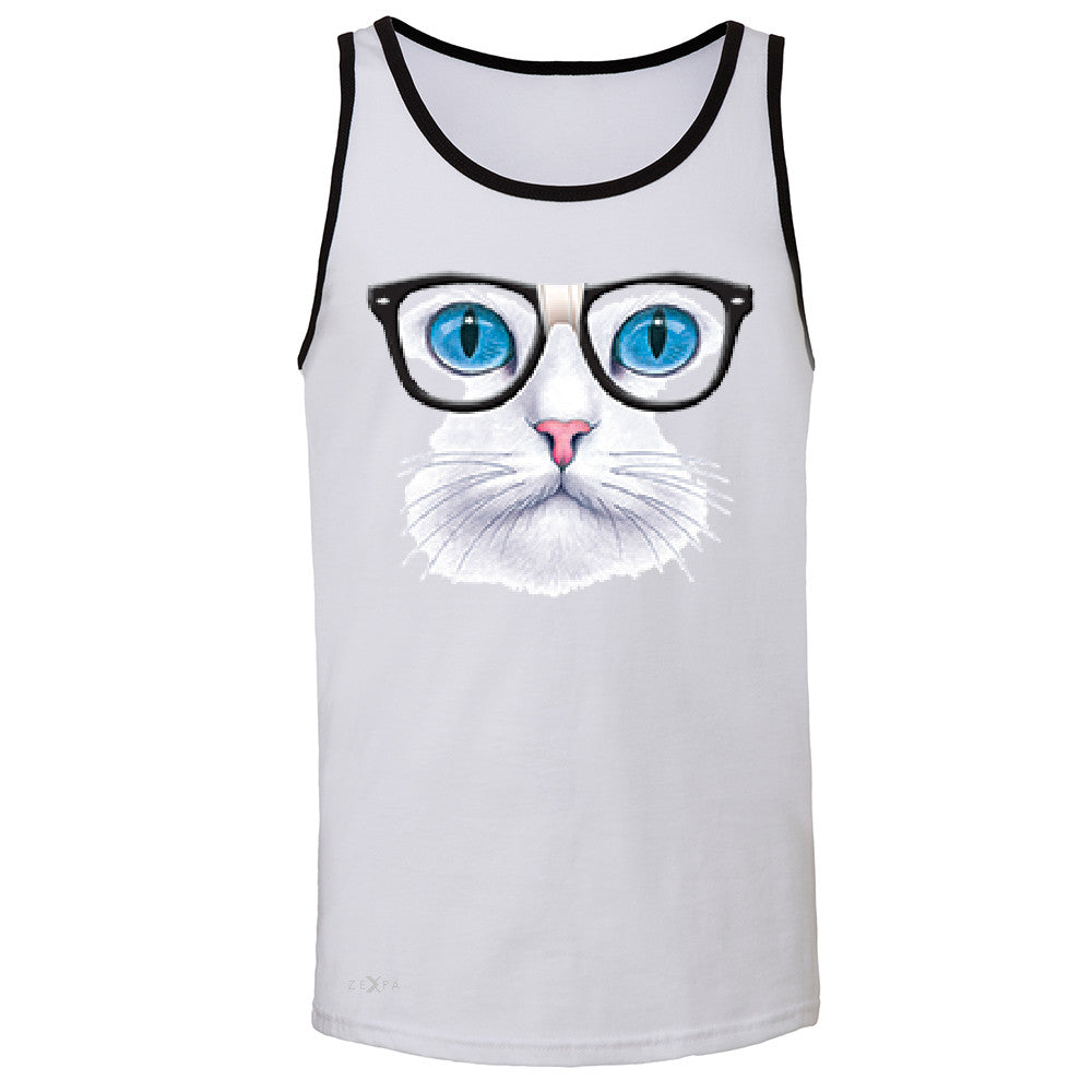 CAT WITH NERD GLASSES Men's Jersey Tank Kitty Kitten Horn Rim Sleeveless - Zexpa Apparel - 2