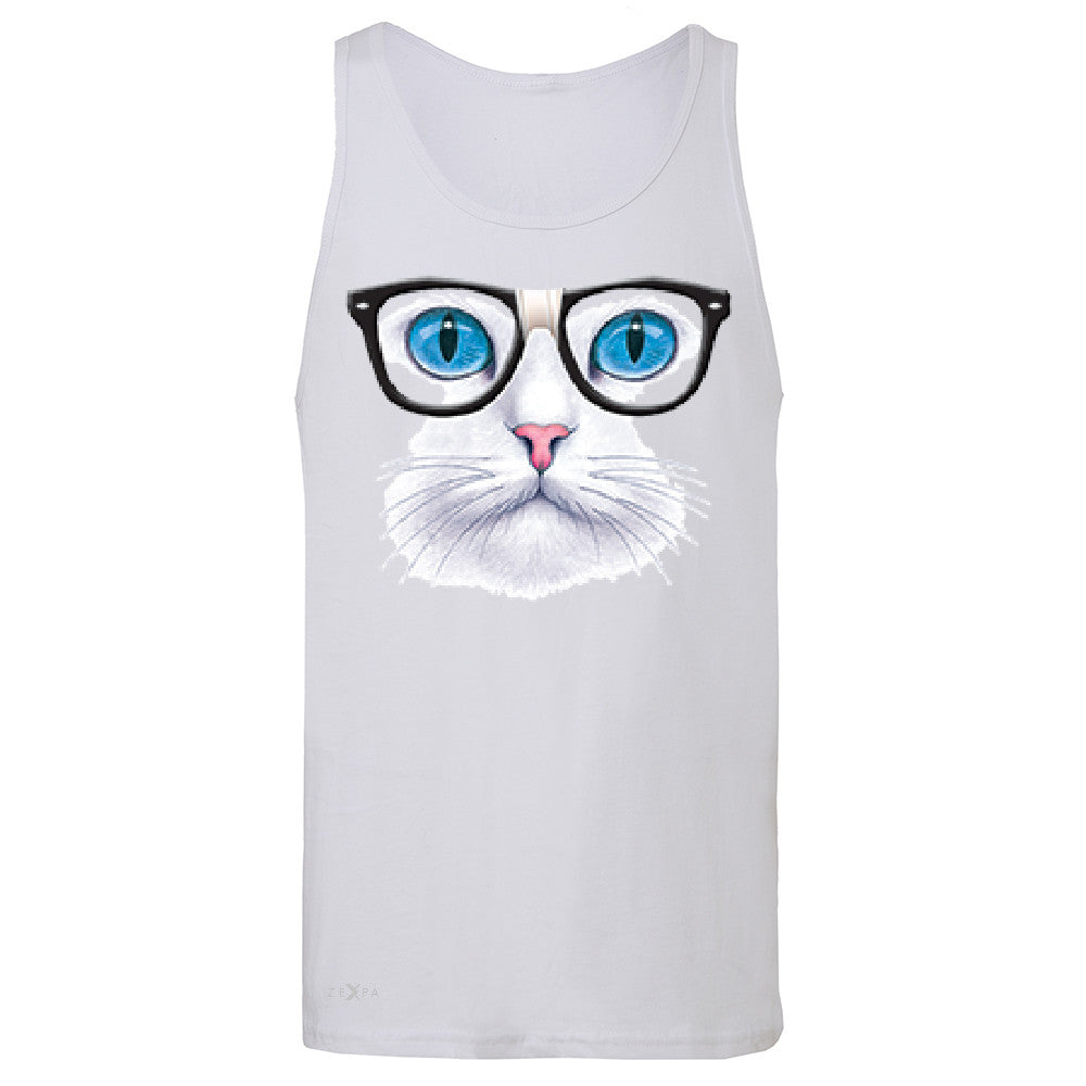 CAT WITH NERD GLASSES Men's Jersey Tank Kitty Kitten Horn Rim Sleeveless - Zexpa Apparel - 3