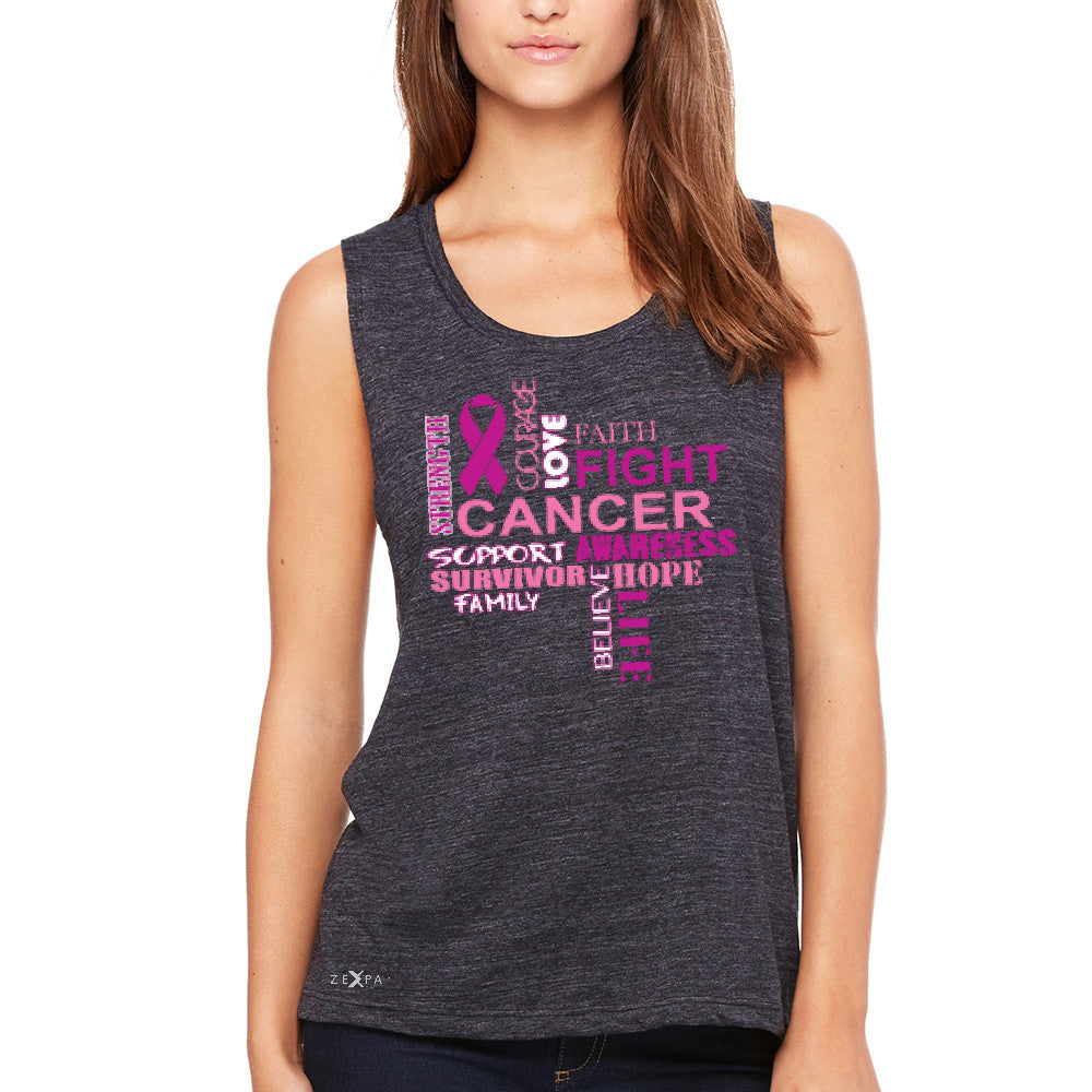 Love Fight Cancer Words Women's Muscle Tee Breast Cancer Awareness Tanks - Zexpa Apparel - 1