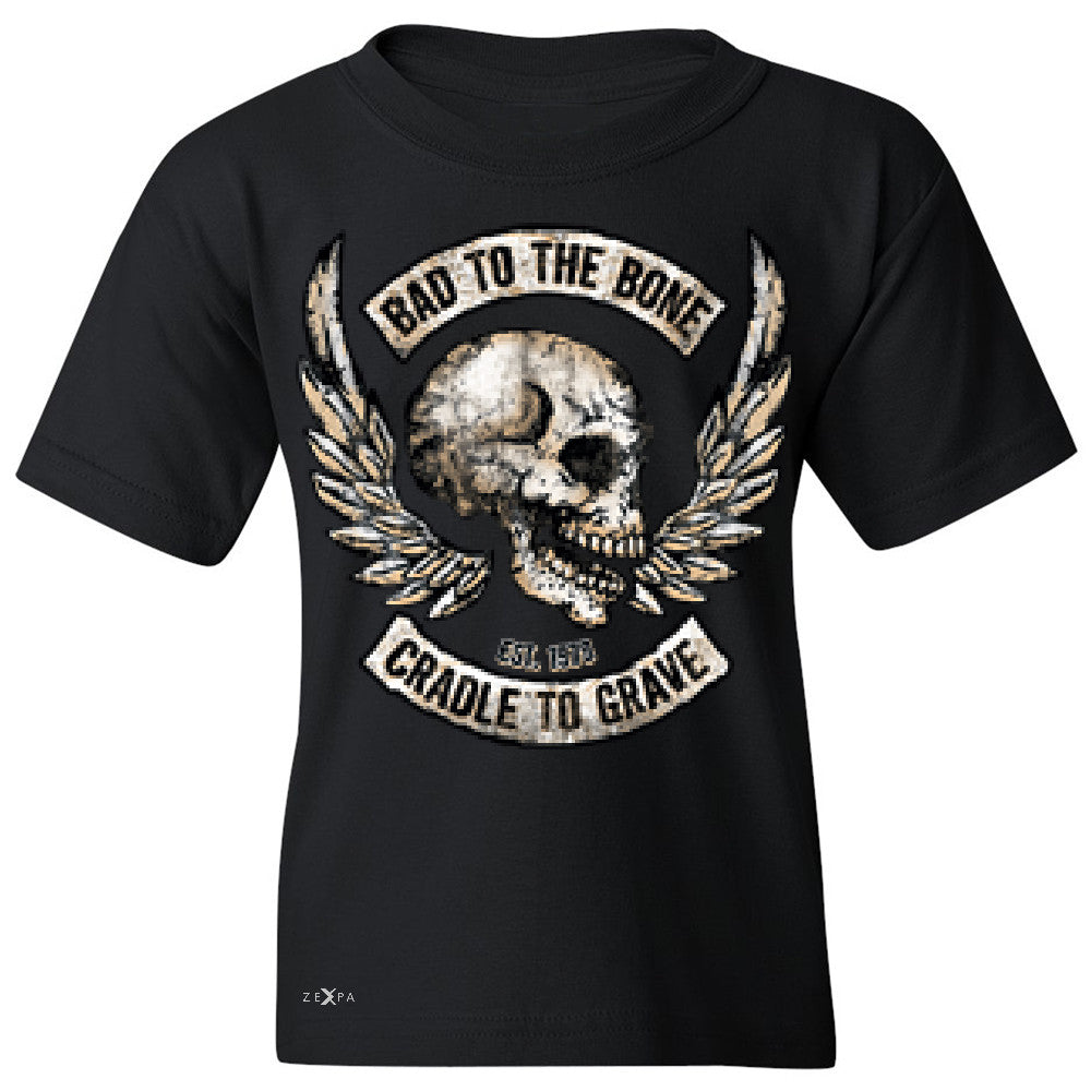 Bad To The Bone Cradle To Grave Youth T-shirt Biker Tee - Zexpa Apparel Halloween Christmas Shirts