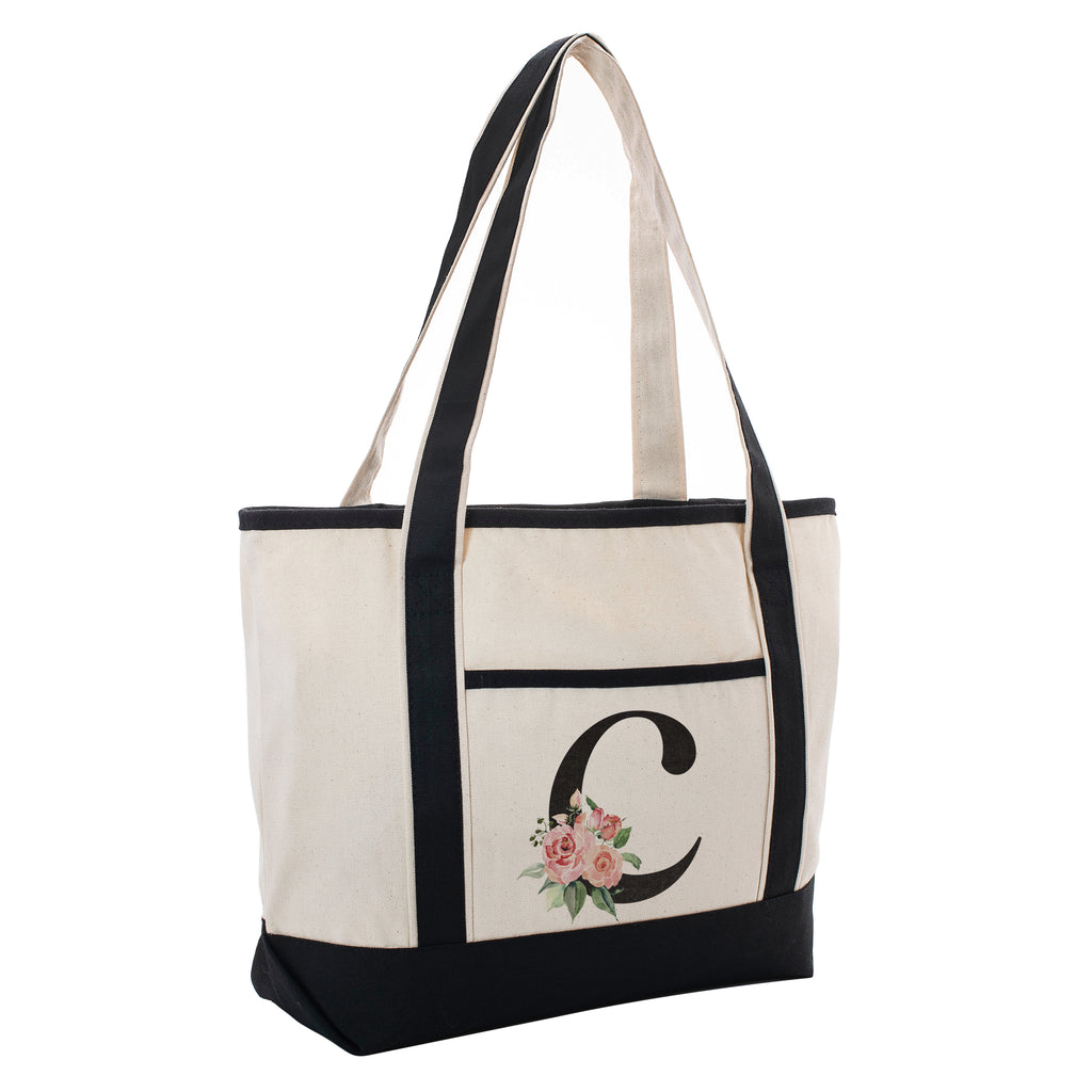 Black Linen Canvas Tote Bag Floral Initial For Beach Workout Yoga Vacation | Daily Use Totes Gift For Events
